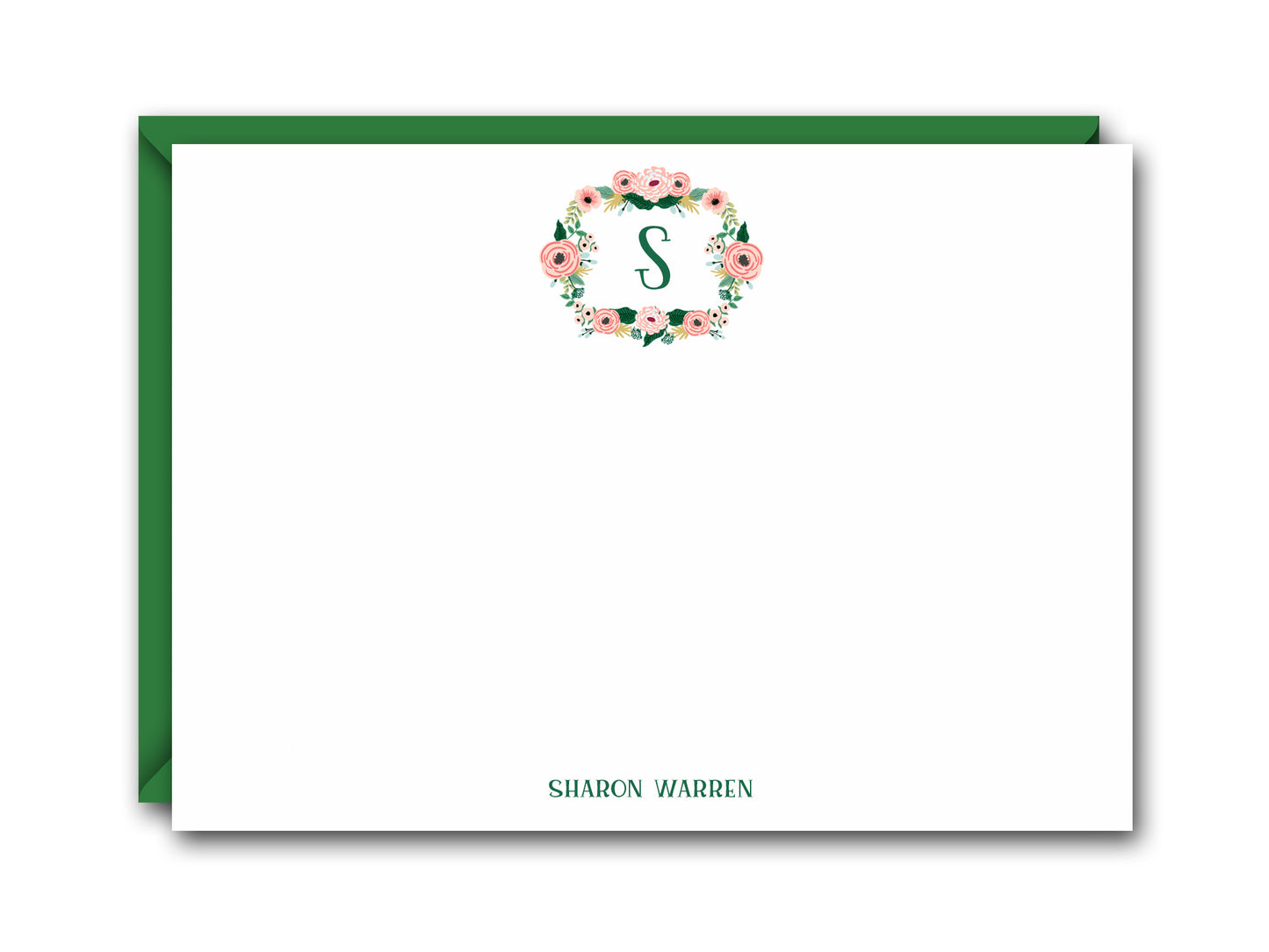 MONOGRAM FLORAL WREATH FLAT NOTE CARD SET