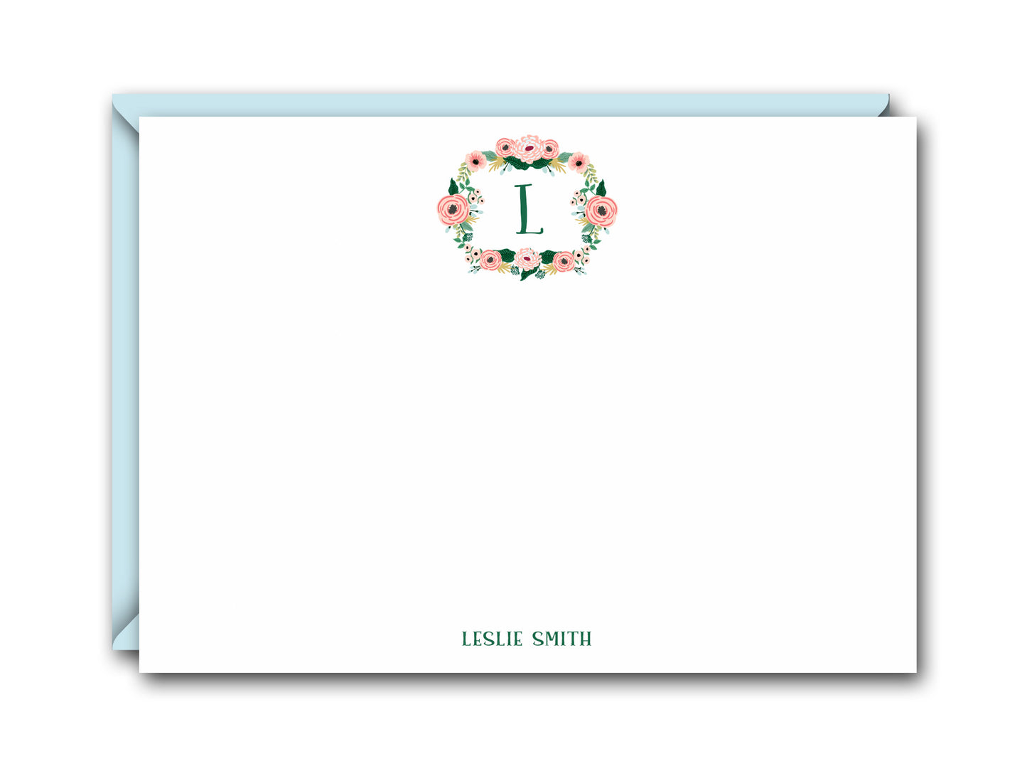 MONOGRAM FLORAL WREATH FLAT NOTE CARD SET