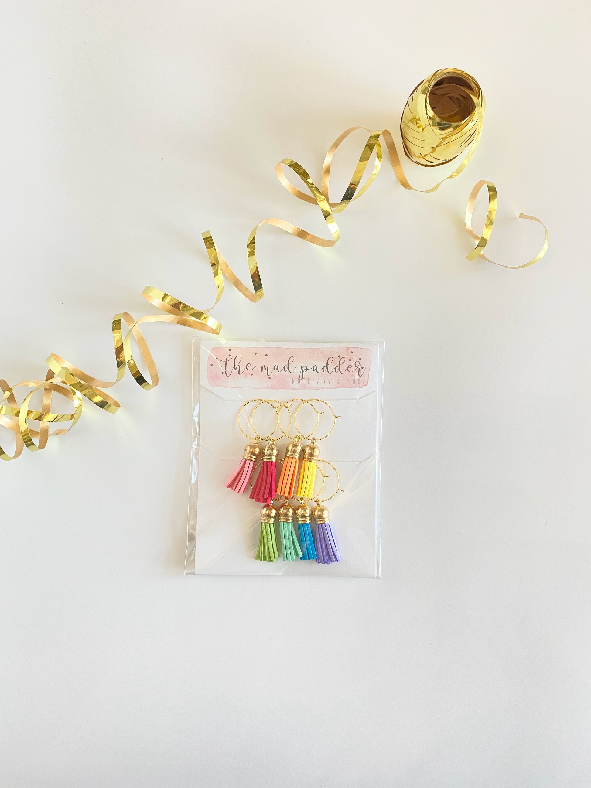 Faux leather rainbow wine charms on gold rings