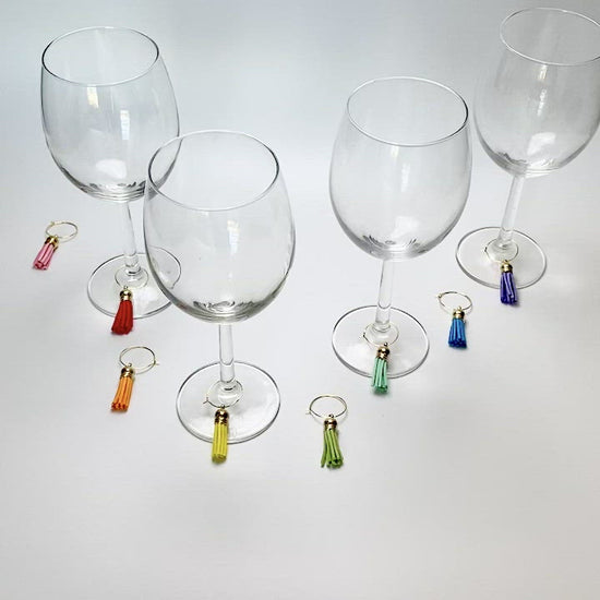 Faux leather rainbow wine charms on gold rings 