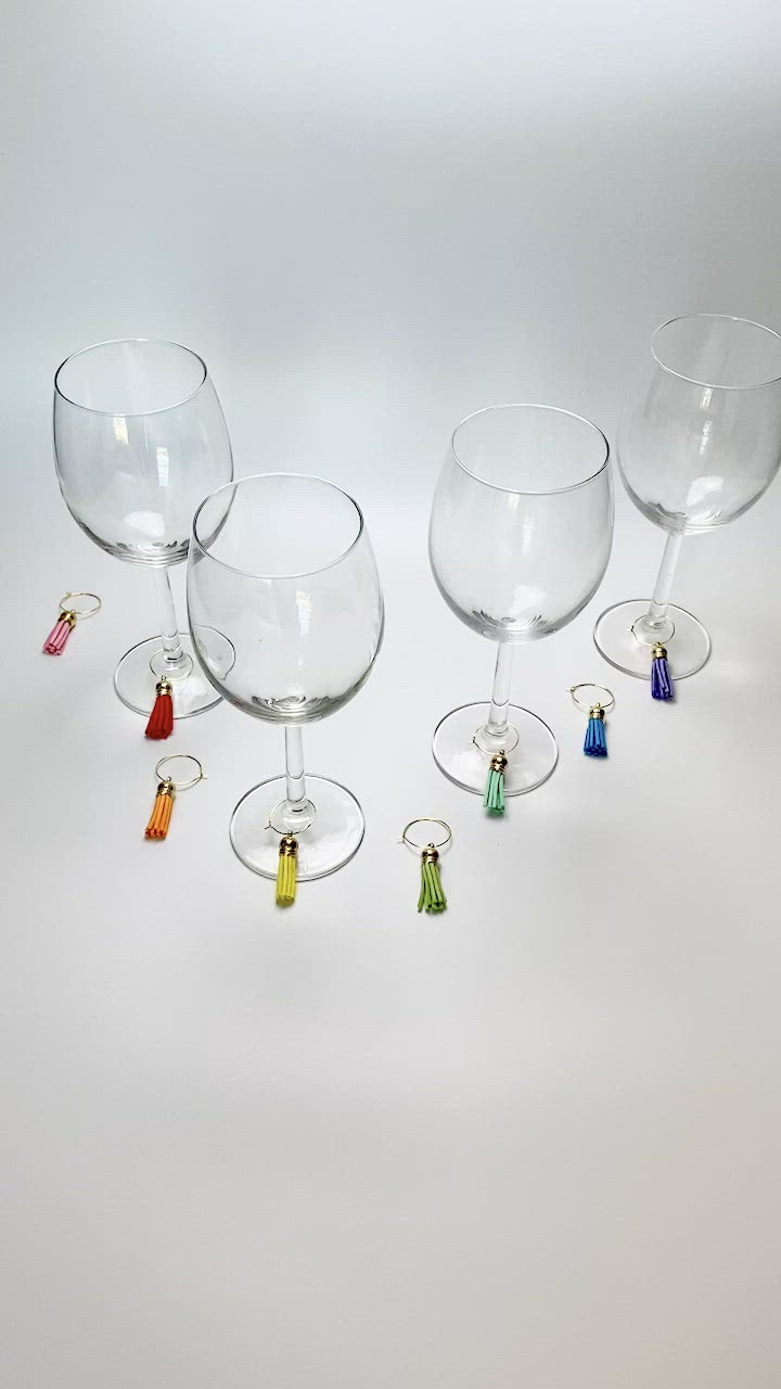Faux leather rainbow wine charms on gold rings 